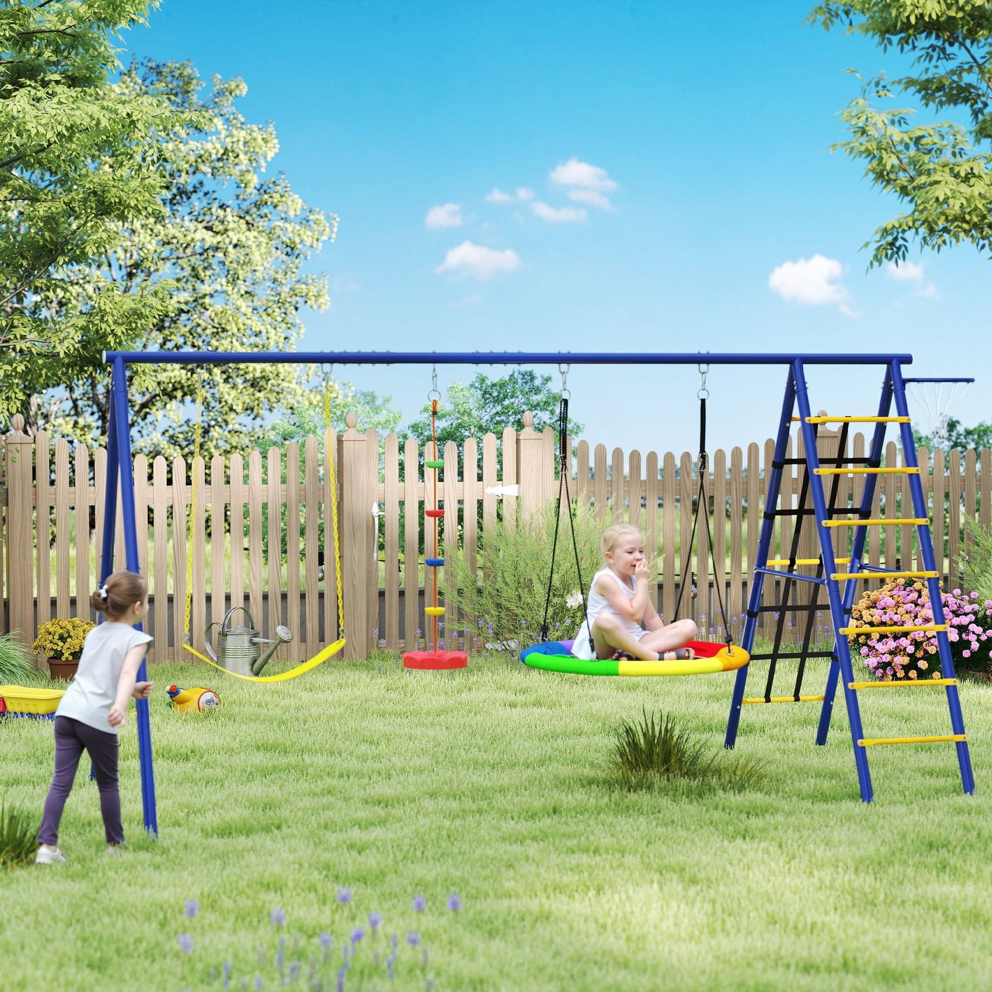 Ensemble de jeu 6-en-1 multicolore balançoire nid échelle filet escalade panier basket 350 × 183 × 200 cm - Image 4