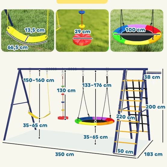 Ensemble de jeu 6-en-1 multicolore balançoire nid échelle filet escalade panier basket 350 × 183 × 200 cm - Image 5