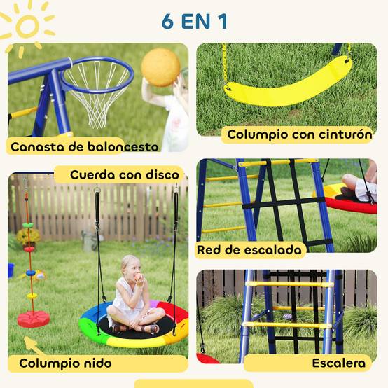 Ensemble de jeu 6-en-1 multicolore balançoire nid échelle filet escalade panier basket 350 × 183 × 200 cm - Image 6