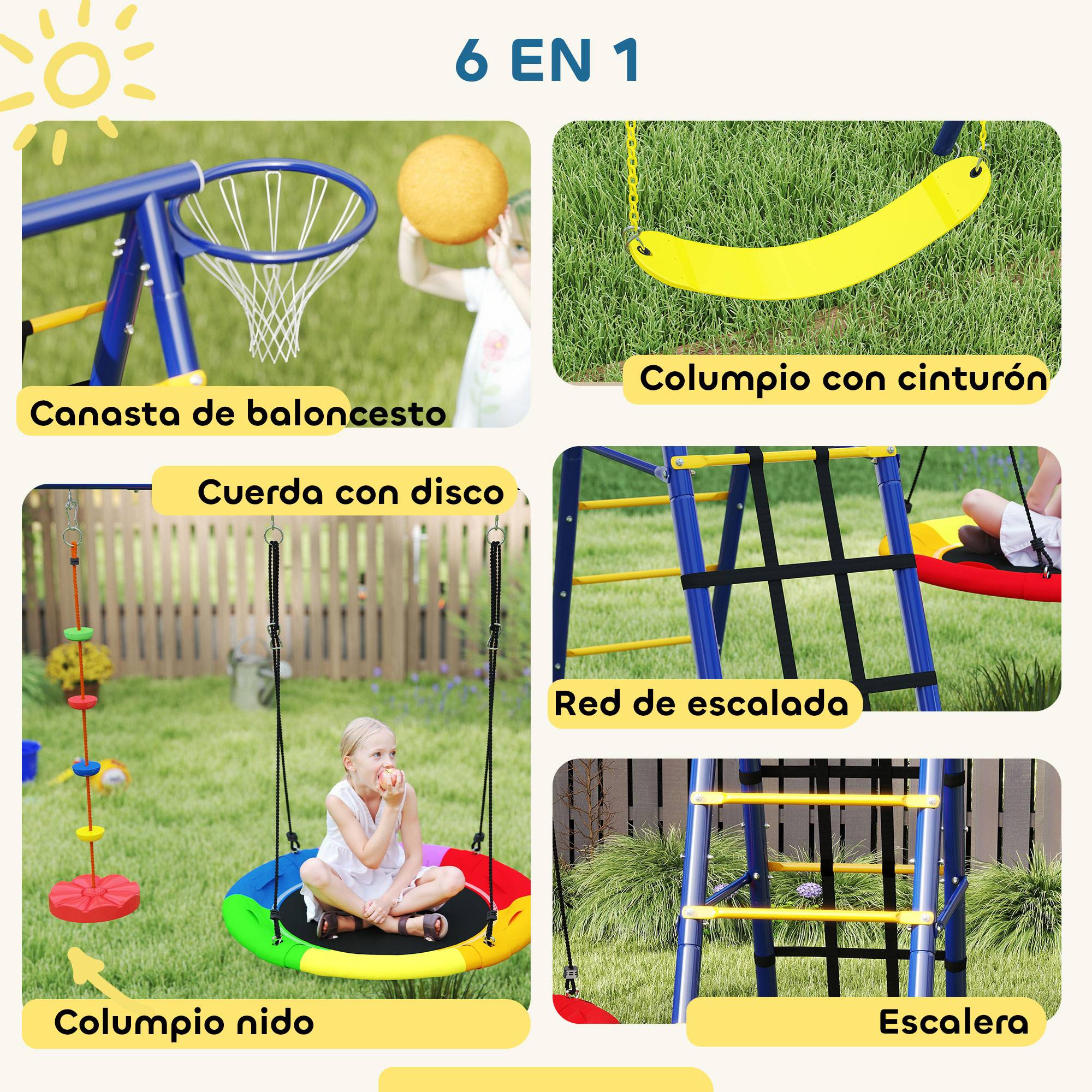 Ensemble de jeu 6-en-1 multicolore balançoire nid échelle filet escalade panier basket 350 × 183 × 200 cm - Image 6