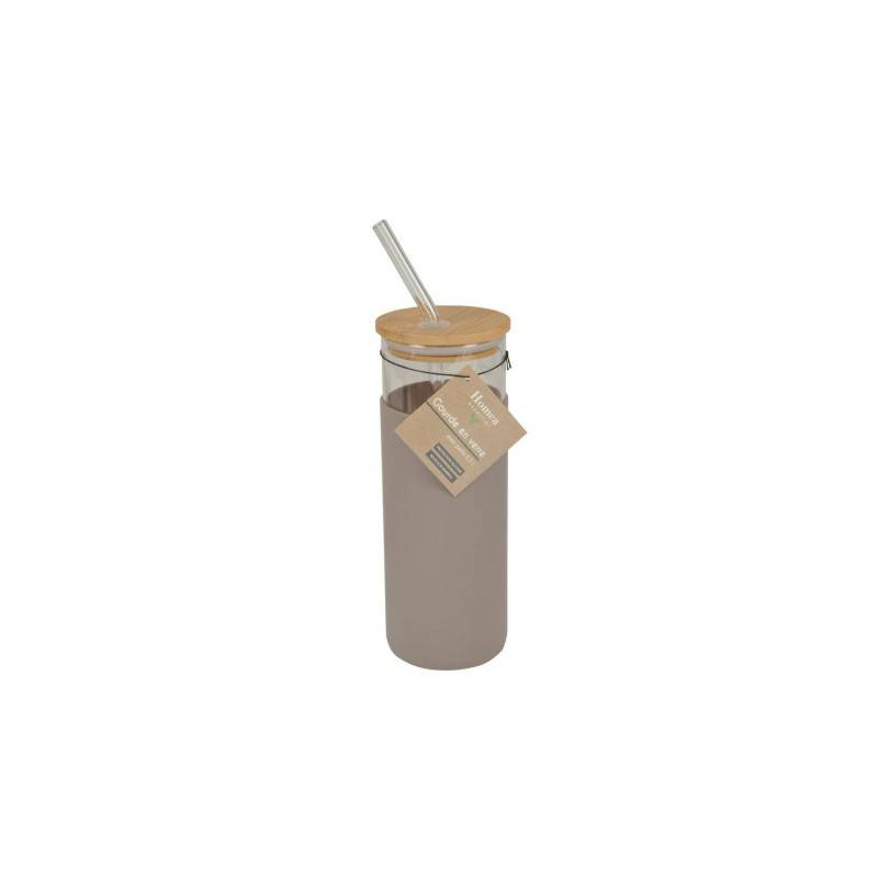 Gourde en verre et bambou avec sa paille - Taupe - 0,5L - D 6,6 x H 19 cm - Image 2