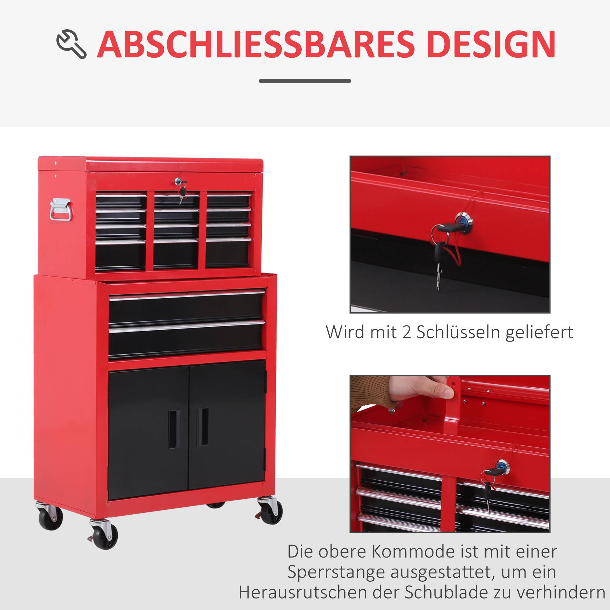 Sans Marque - Armoire avec caisse, roulant, 6 tiroirs, métal, rouge - Image 8