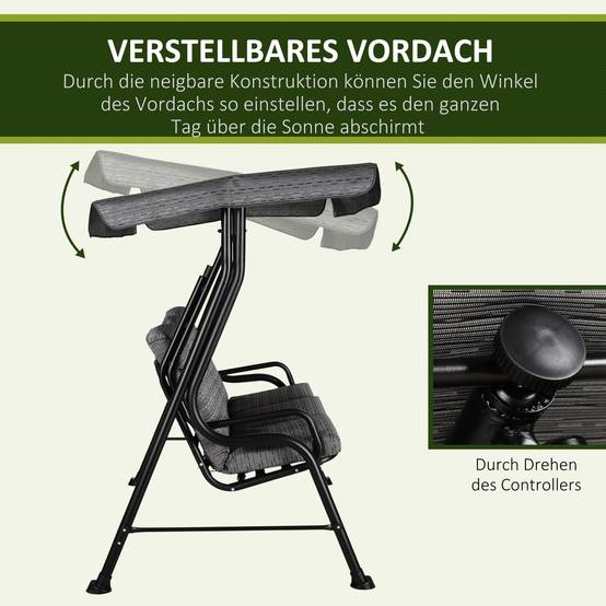 Balancelle de Jardin 3 Places Acier Textilène Terrasse Toit Réglable Anti-UV Gris 200x120cm - ComfortXL Outdoor Living - Image 6