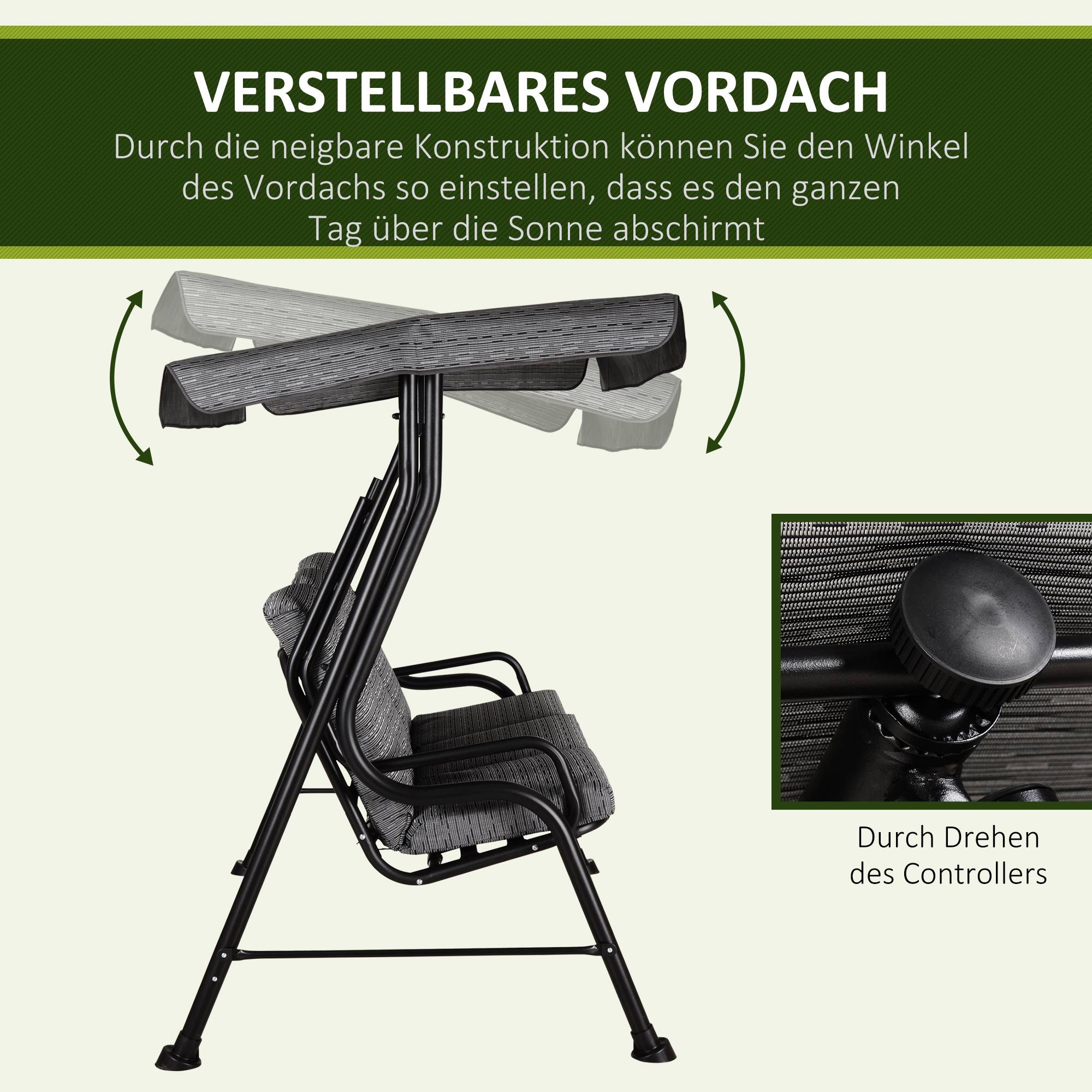 Balancelle de Jardin 3 Places Acier Textilène Terrasse Toit Réglable Anti-UV Gris 200x120cm - ComfortXL Outdoor Living - Image 6