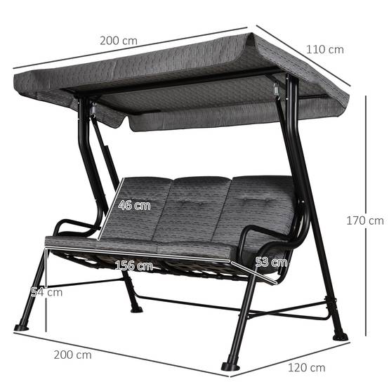 Balancelle de Jardin 3 Places Acier Textilène Terrasse Toit Réglable Anti-UV Gris 200x120cm - ComfortXL Outdoor Living - Image 5