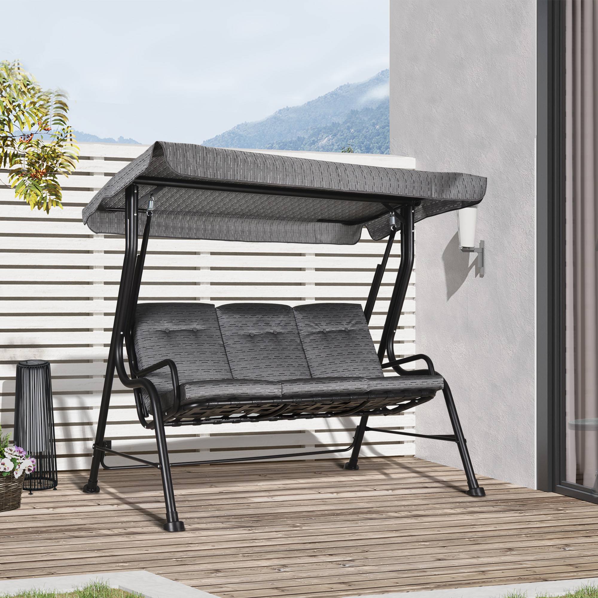 Balancelle de Jardin 3 Places Acier Textilène Terrasse Toit Réglable Anti-UV Gris 200x120cm - ComfortXL Outdoor Living - Image 4