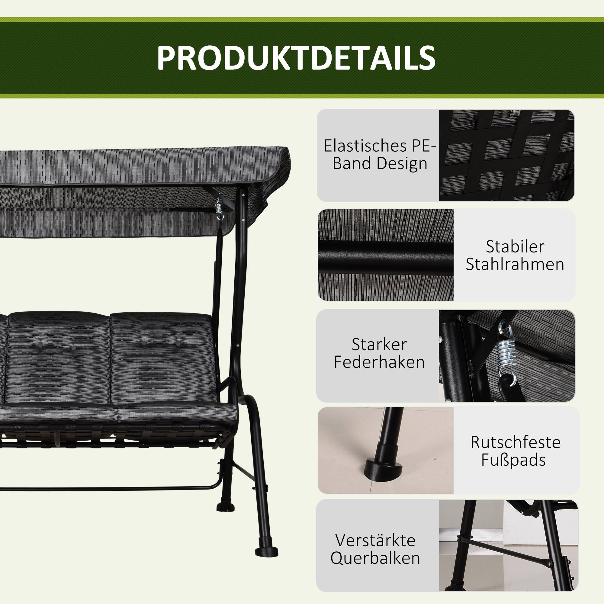 Balancelle de Jardin 3 Places Acier Textilène Terrasse Toit Réglable Anti-UV Gris 200x120cm - ComfortXL Outdoor Living - Image 9