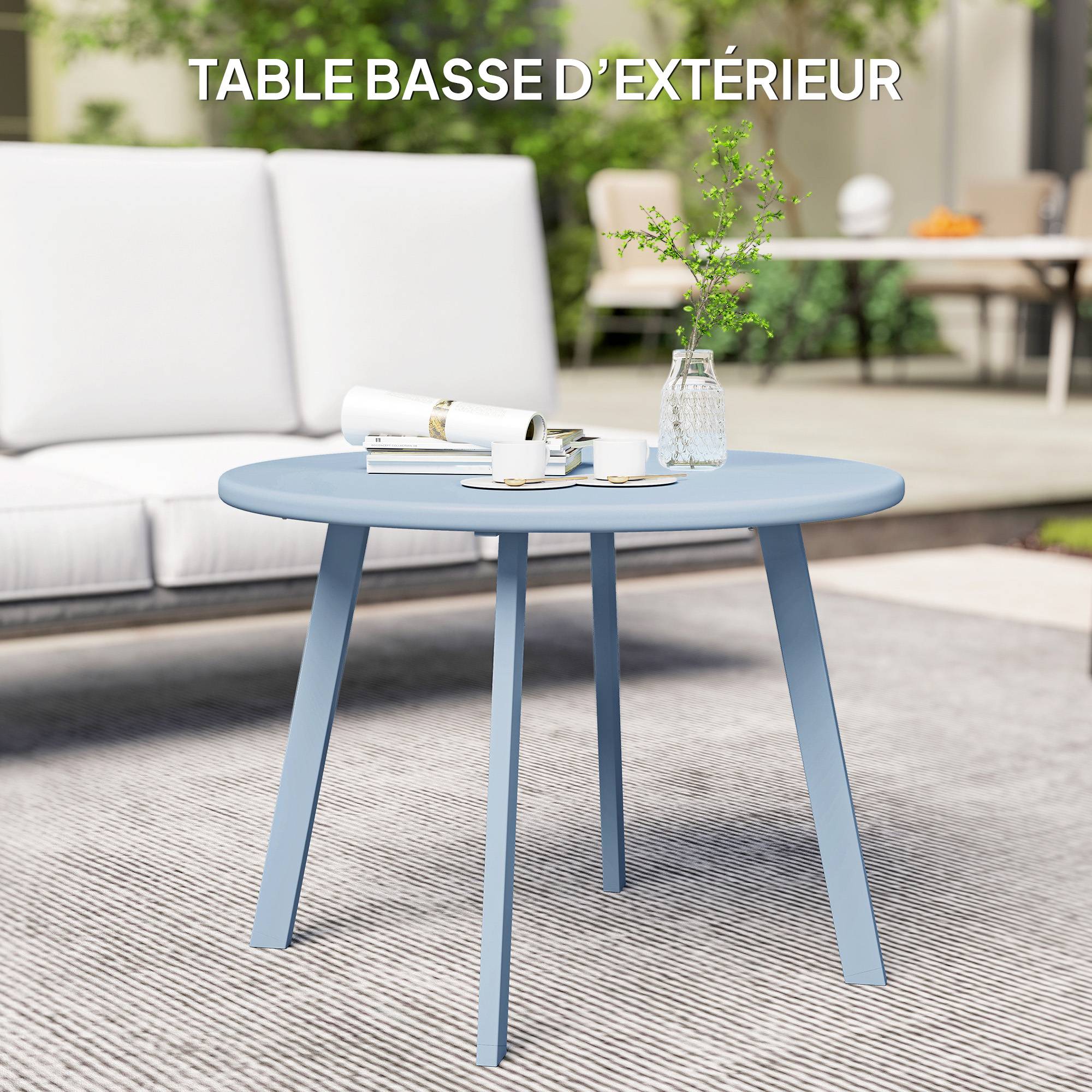 Petite table basse ronde, table d'appoint avec patins antidérapants, cadre en métal, pour jardin, Ø 70 x 42 cm, bleu - Image 10
