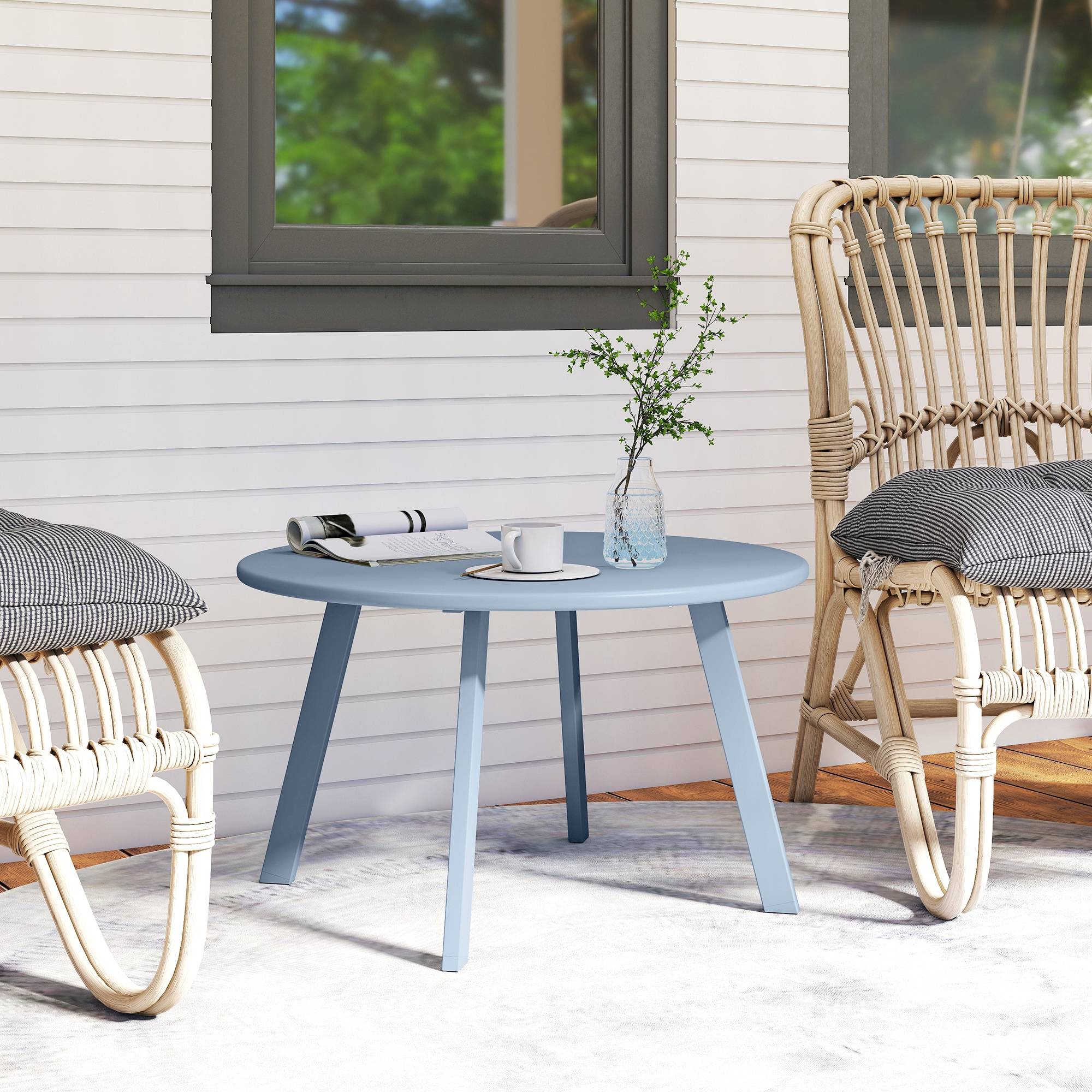 Petite table basse ronde, table d'appoint avec patins antidérapants, cadre en métal, pour jardin, Ø 70 x 42 cm, bleu - Image 4
