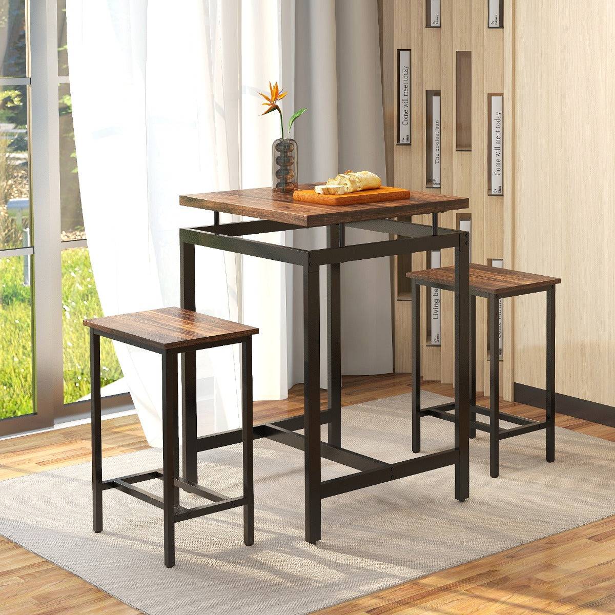 Helloshop26 - Table comptoir avec 2 tabourets hauts ensemble de table de bar avec plateau flottant et repose-pieds marron rustique - Image 2