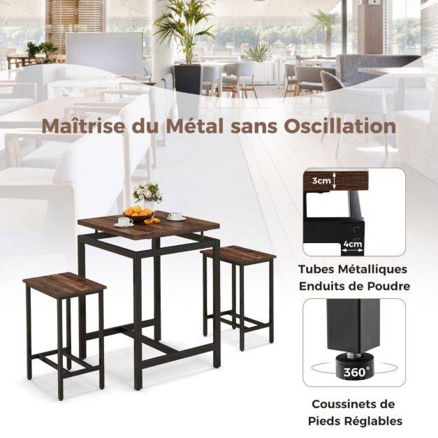 Helloshop26 - Table comptoir avec 2 tabourets hauts ensemble de table de bar avec plateau flottant et repose-pieds marron rustique - Image 4