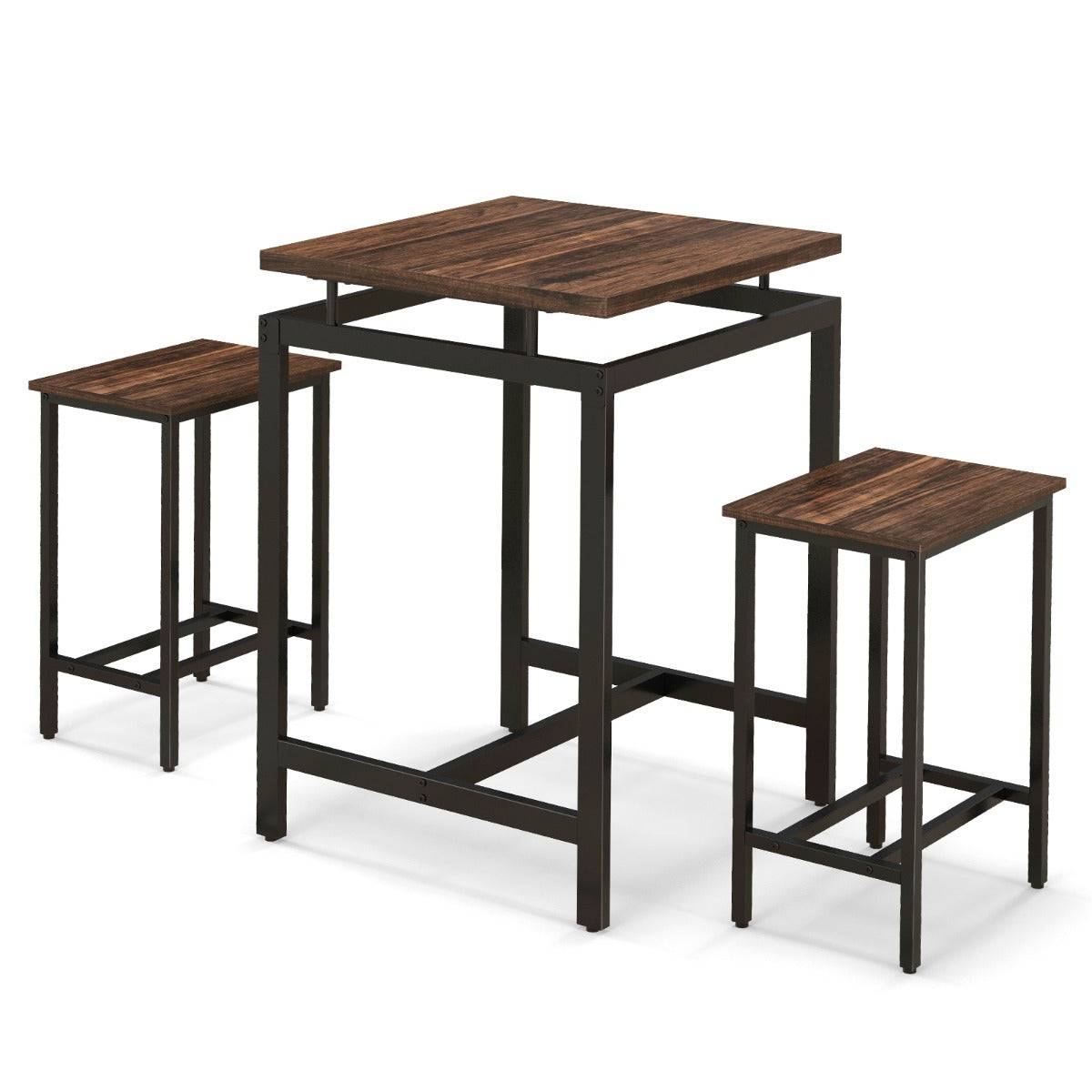 Helloshop26 - Table comptoir avec 2 tabourets hauts ensemble de table de bar avec plateau flottant et repose-pieds marron rustique - Image 1