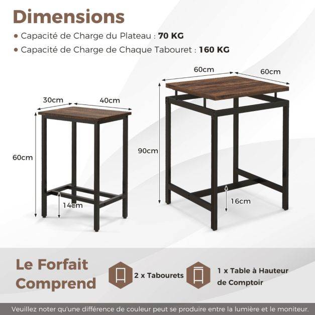 Helloshop26 - Table comptoir avec 2 tabourets hauts ensemble de table de bar avec plateau flottant et repose-pieds marron rustique - Image 5