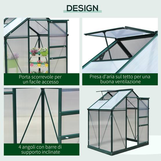 Serre de jardin rigide panneaux polycarbonate structure aluminium pour plantes croissance 190x132cm vert - Image 6