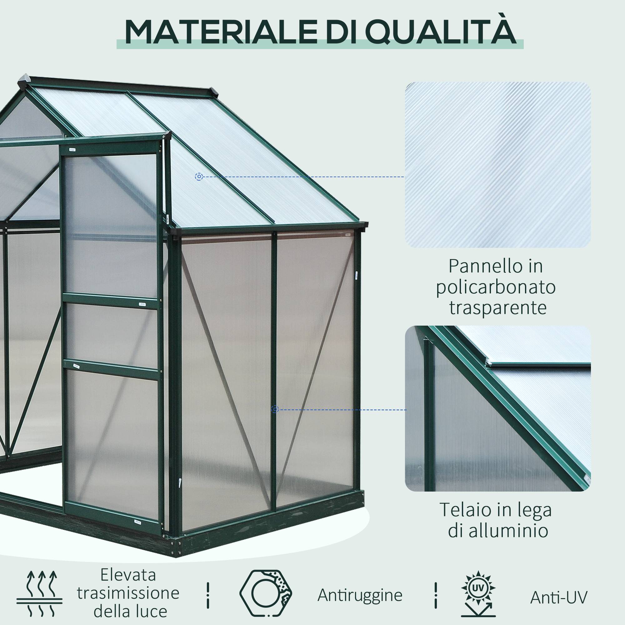 Serre de jardin rigide panneaux polycarbonate structure aluminium pour plantes croissance 190x132cm vert - Image 7