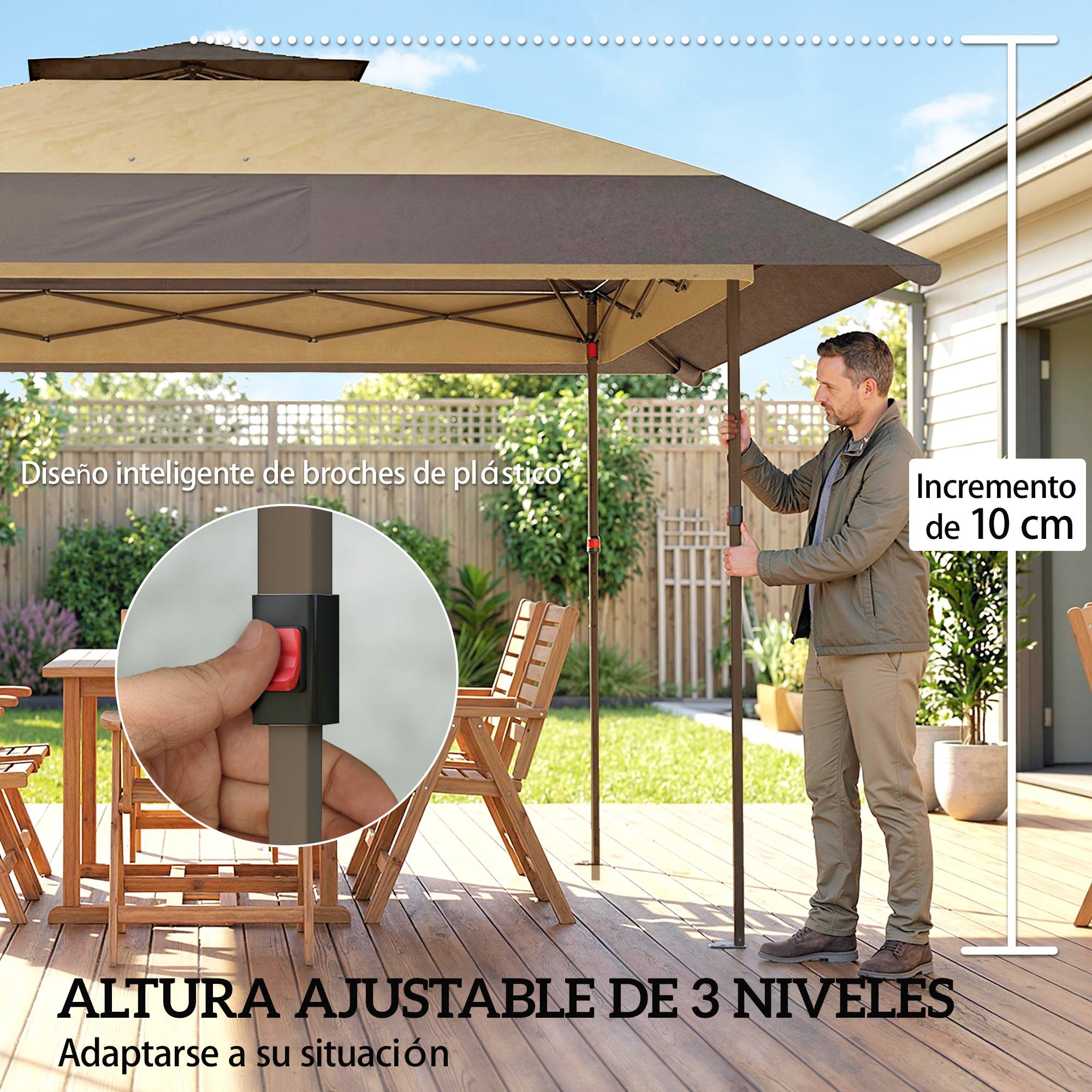 Tente pliante 4x4m à double toit, 4 parois en filet, hauteur réglable, sac de transport, protection UPF30+, kaki - Image 9