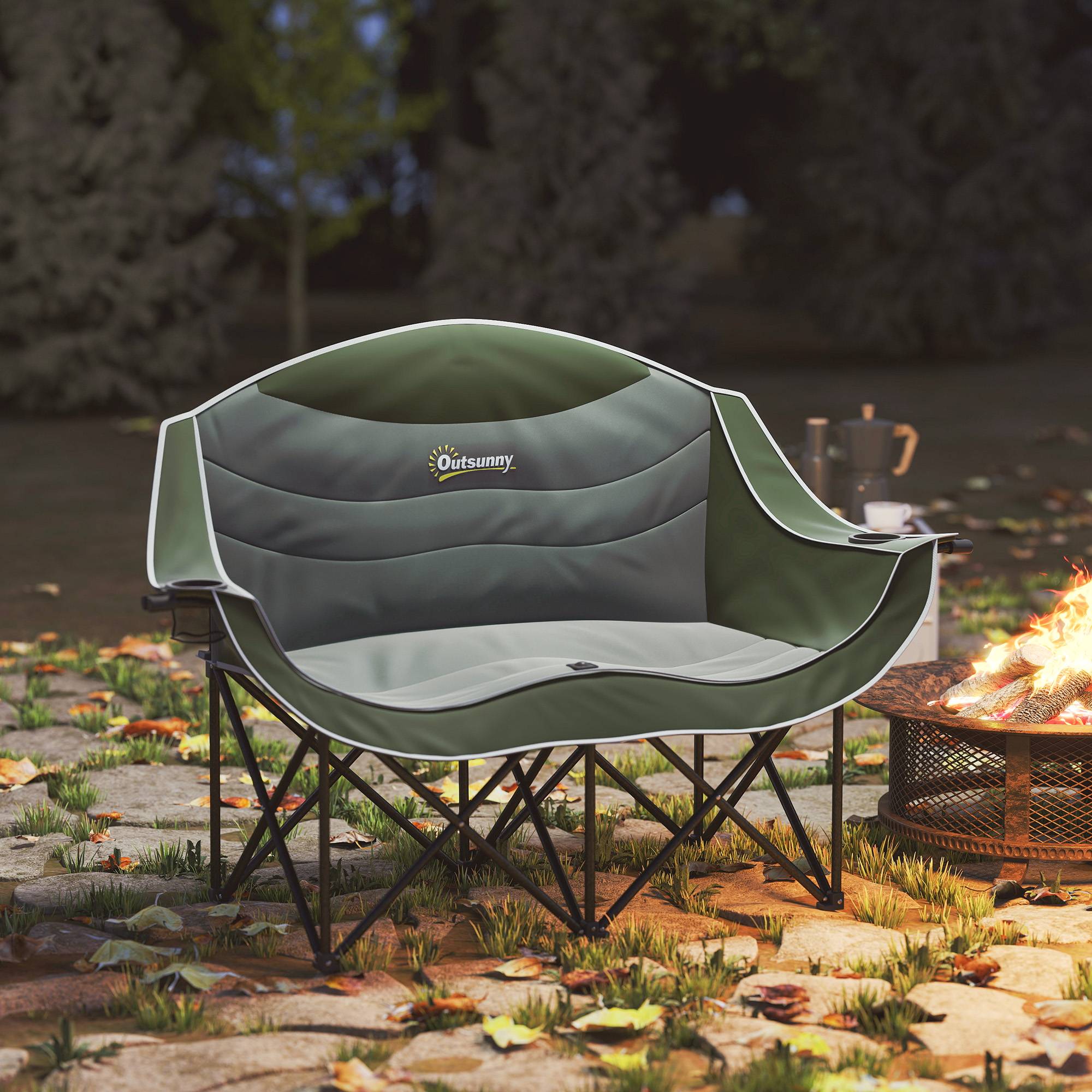 Chaise de camping double pliante métal et tissu vert 143 x 50 x 90 cm - PANGIVO - Image 4
