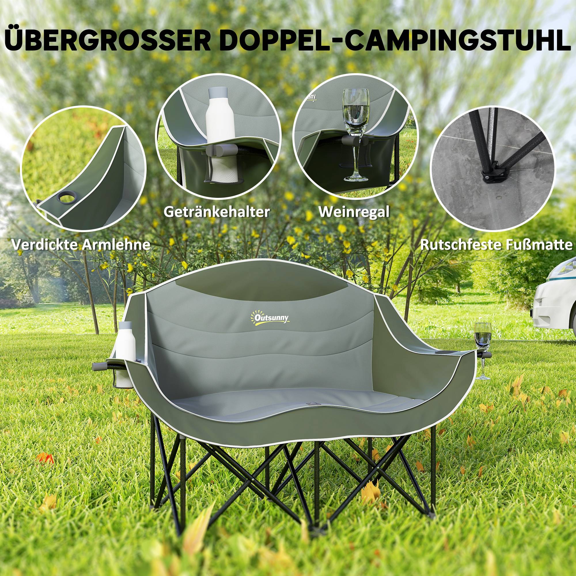 Chaise de camping double pliante métal et tissu vert 143 x 50 x 90 cm - PANGIVO - Image 6