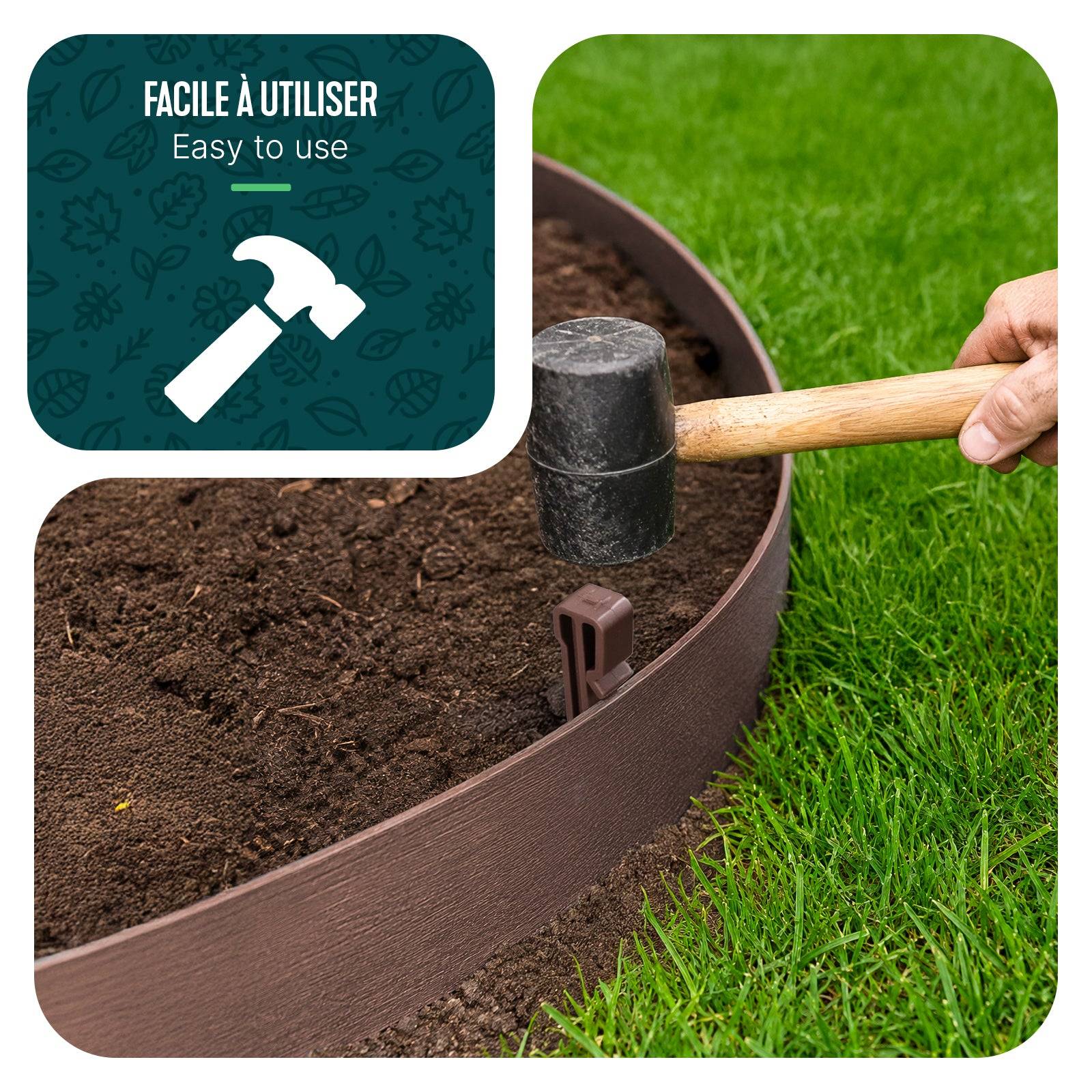 Vounot - Bordure de jardin haute flexible en PE 20m avec 12 piquets marron - hauteur 13cm - epaisseur 3mm - Image 4