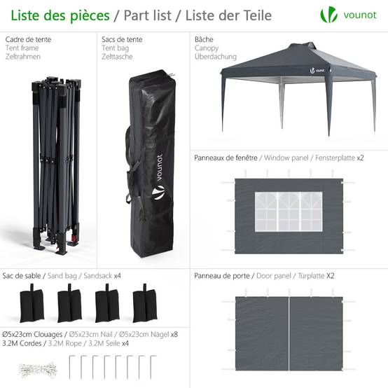VOUNOT® Tonnelle de jardin 3x3m pliable installation facile POP UP avec portes et fenêtres - Imperméable et anti-UV - Gris - Image 2