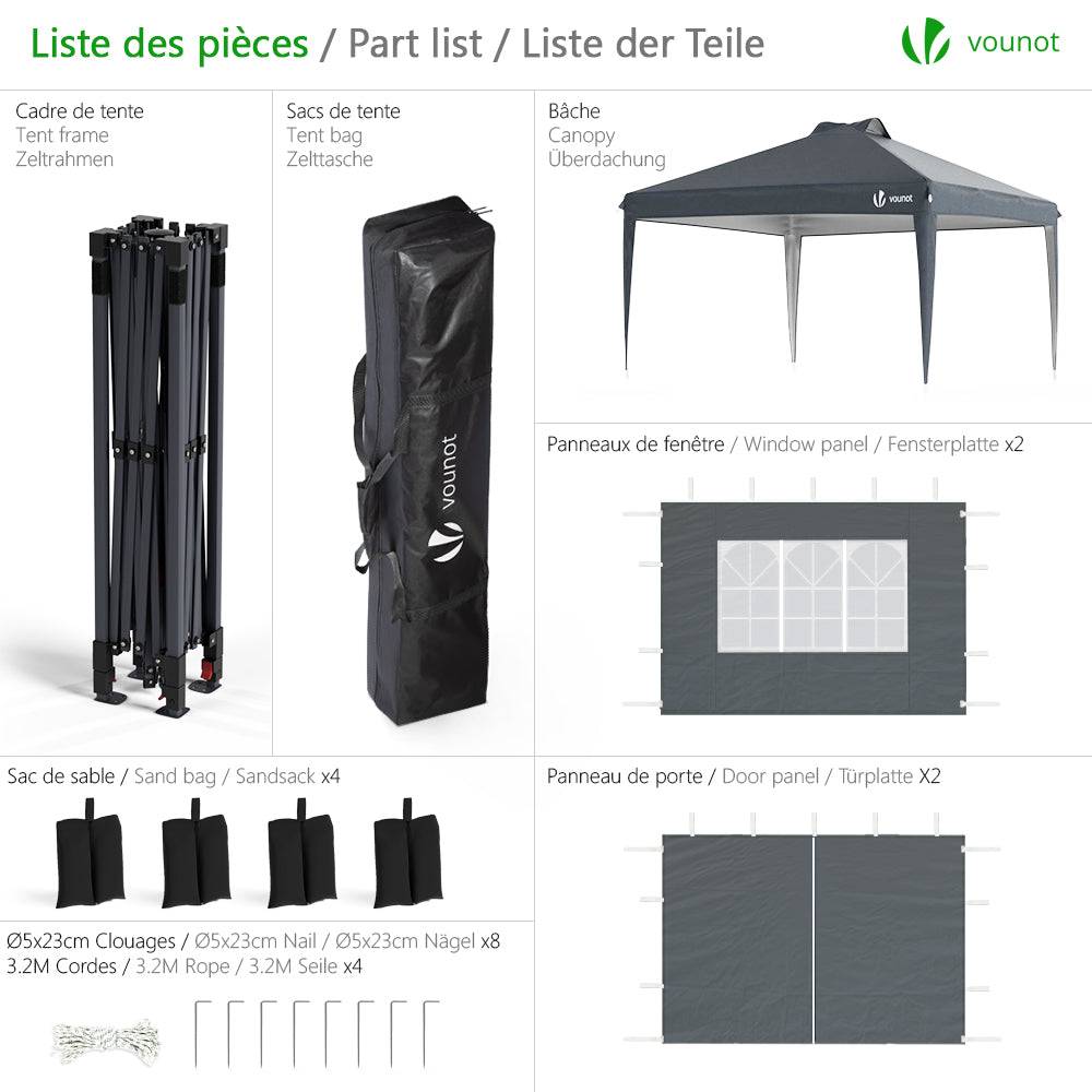 VOUNOT® Tonnelle de jardin 3x3m pliable installation facile POP UP avec portes et fenêtres - Imperméable et anti-UV - Gris - Image 2