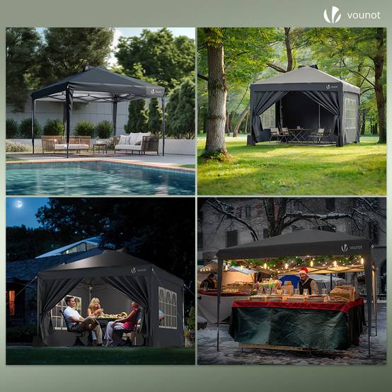 VOUNOT® Tonnelle de jardin 3x3m pliable installation facile POP UP avec portes et fenêtres - Imperméable et anti-UV - Gris - Image 4