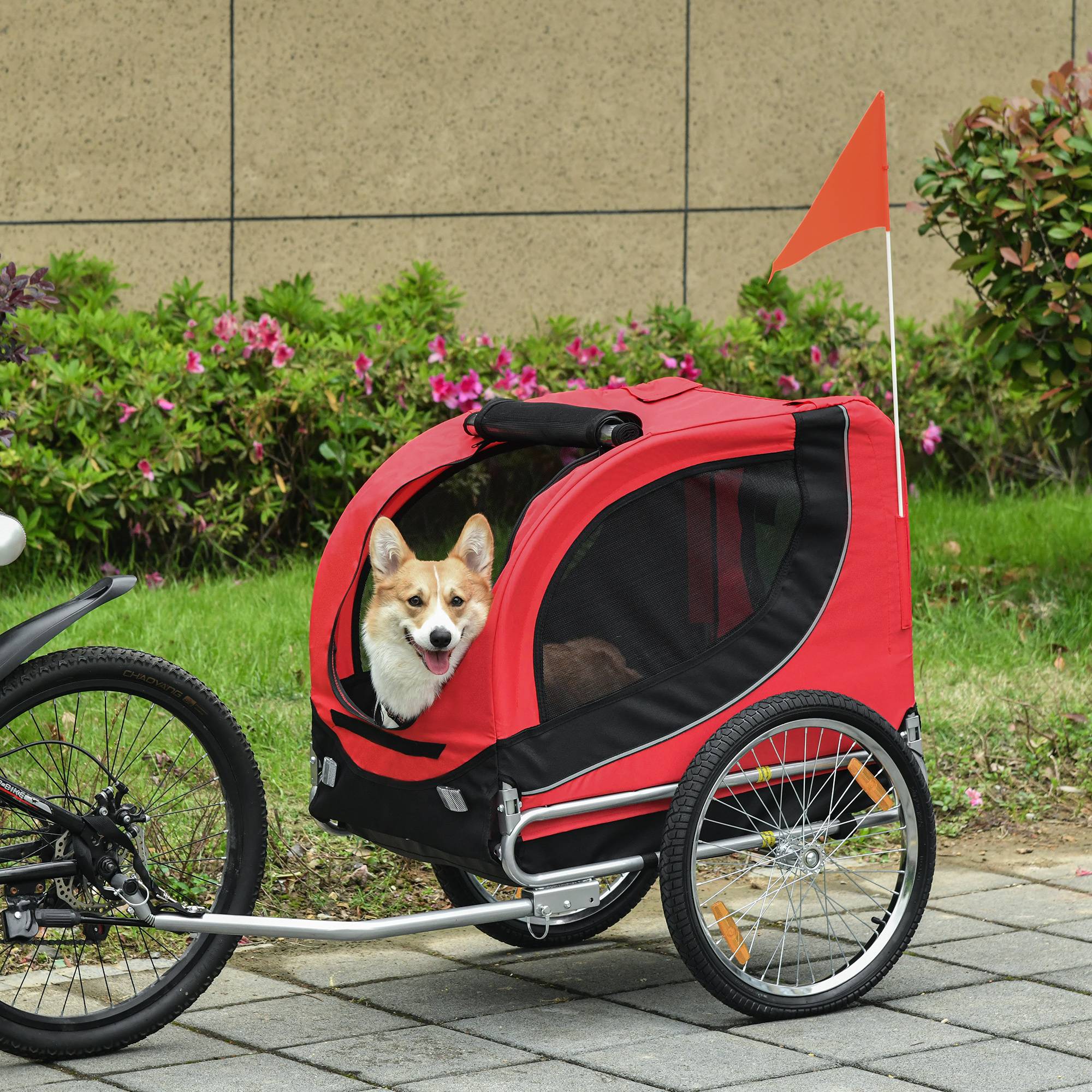 Sans Marque - Remorque vélo chien moyen point attache fenêtres latérales drapeau acier toile Oxford 130x73x90 cm rouge noir - Image 3