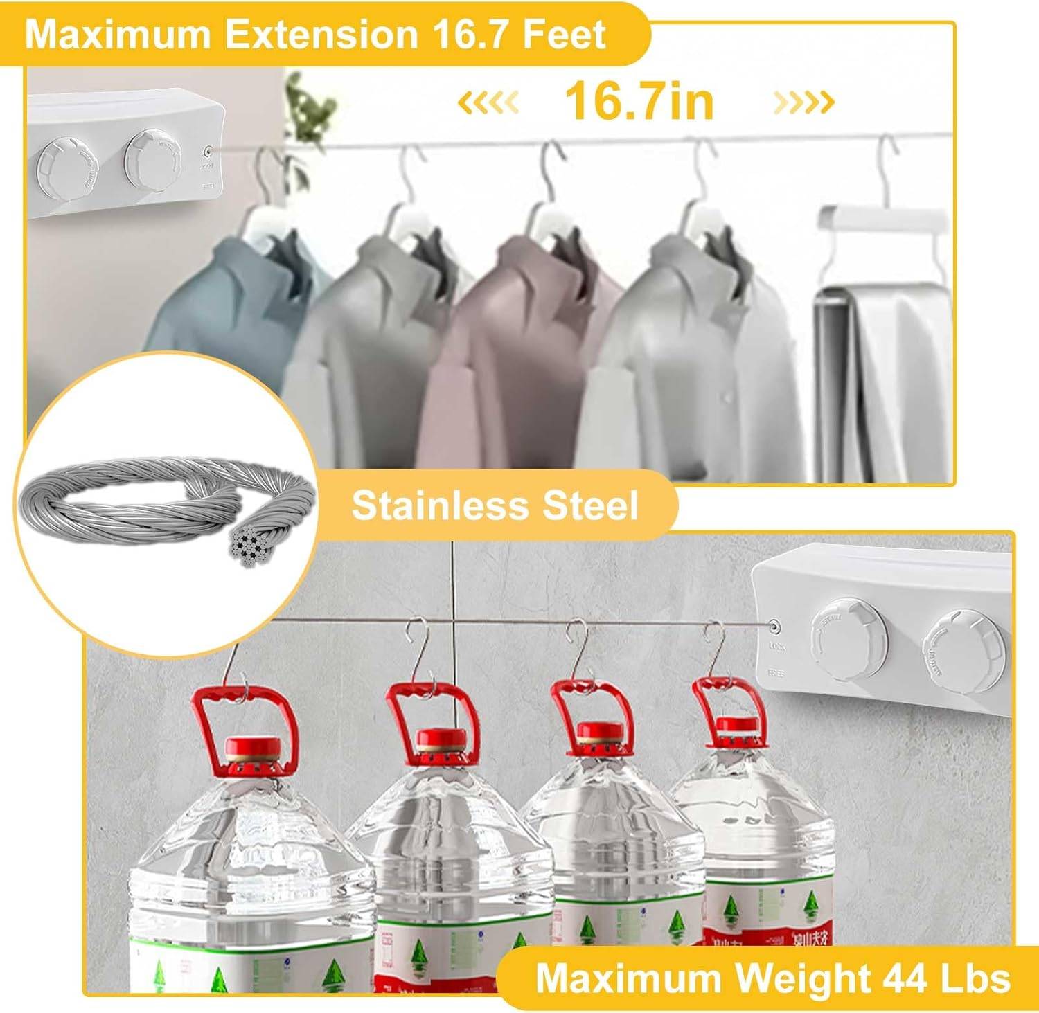 Étendoir à linge rétractable en acier inoxydable, adapté à la chambre, au balcon, au jardin, 5,1 mètres, blanc, double ligne-Lytech - Image 3