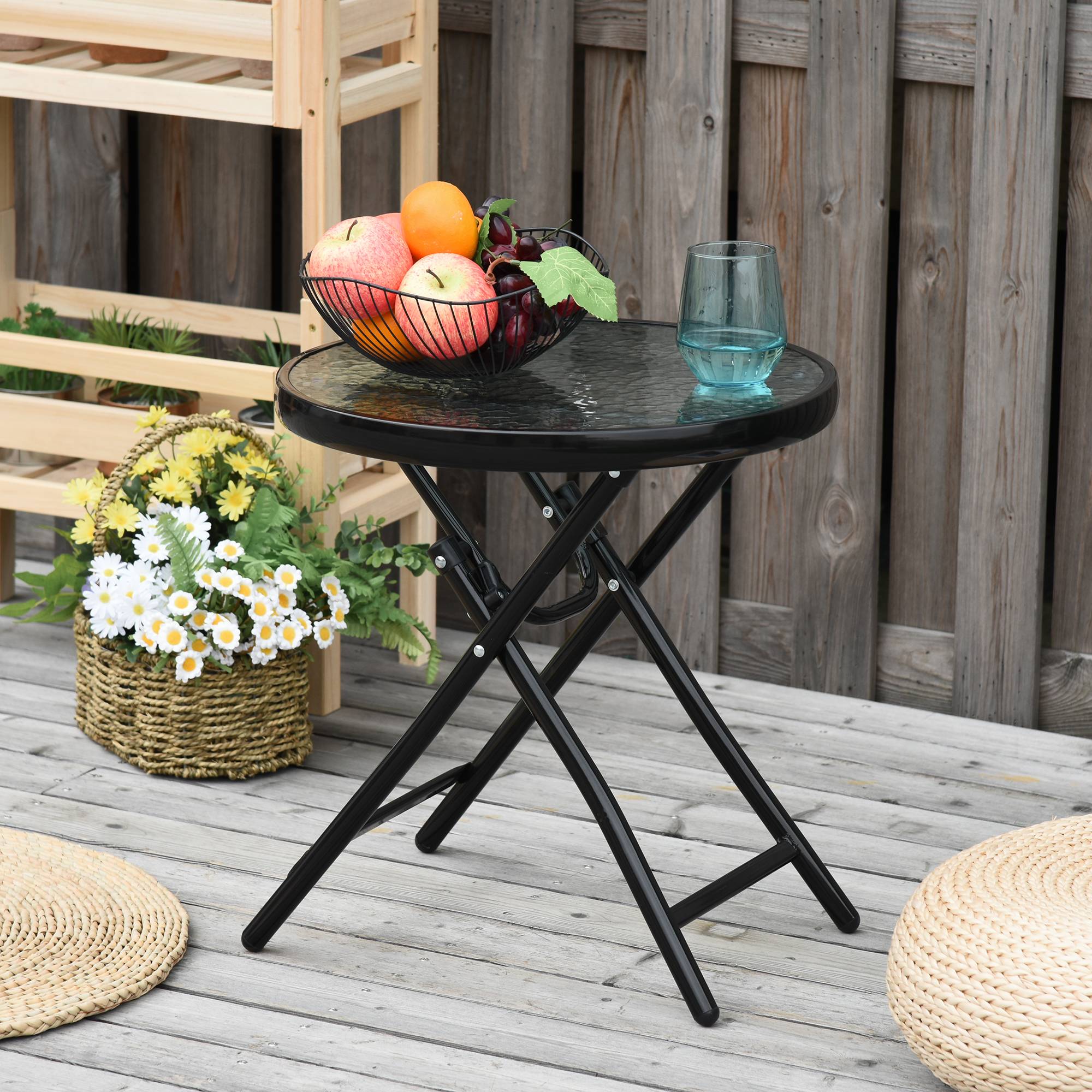 TeoKJ Petites tables d'appoint pliantes d'extérieur, anti-rouille, petite table de nuit ronde en métal avec découpes de fleurs pour porche, cour, balcon, terrasse, pelouse, noir