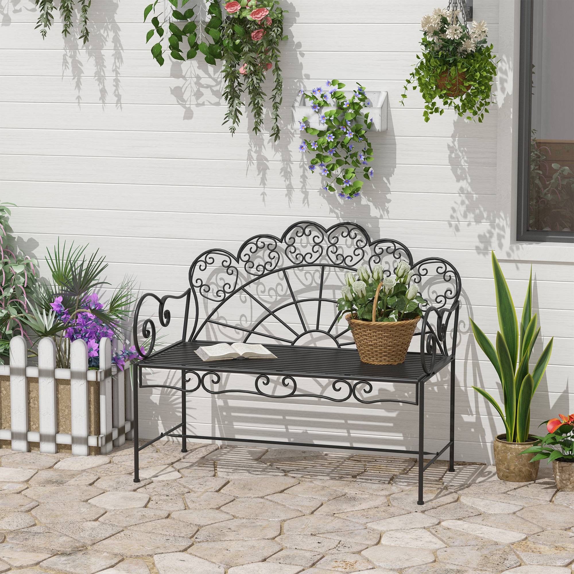 ComfortXL - Banc de jardin 2 places métal extérieur anti-rouille style vintage noir 107cm - ComfortXL Outdoor Living - Image 1