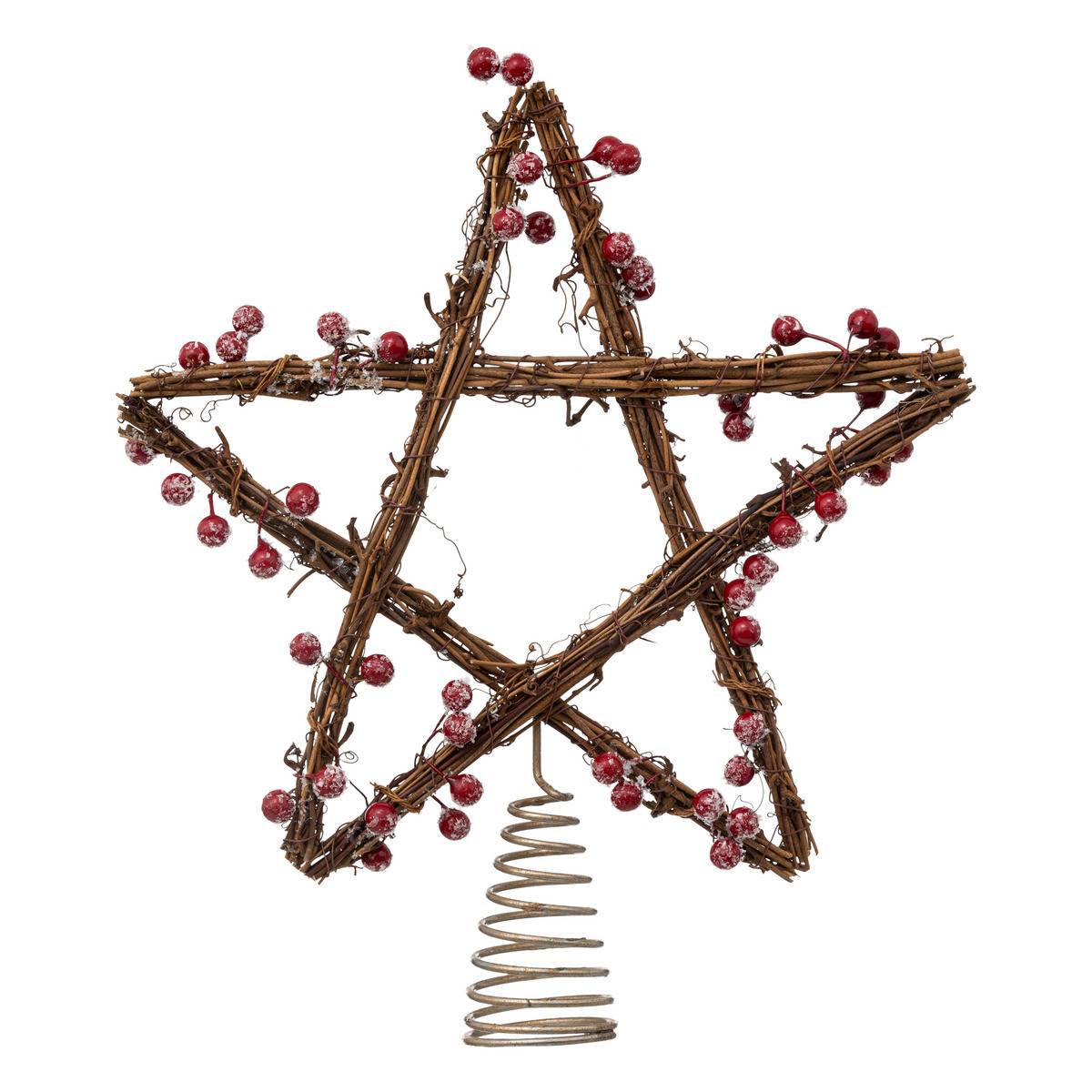 Fééric Lights & Christmas - Déco Sapin de Noël Cimier Étoile en rotin avec Baies rouges enneigées - Image 1