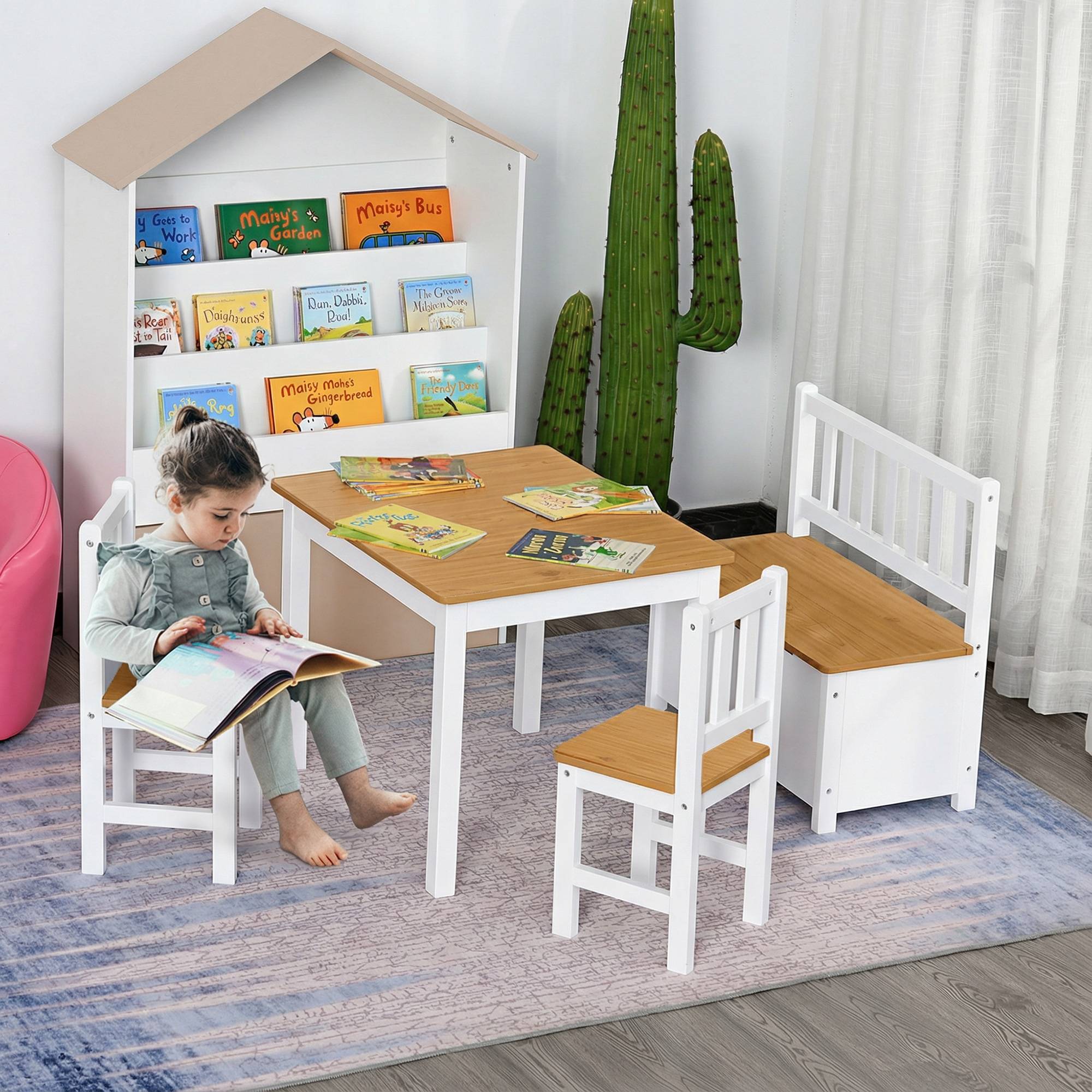 Ensemble 4 pièces table enfant 2 chaises et banc rangement, mobilier activités +3 ans chambre salle de jeu, blanc et naturel - Image 4