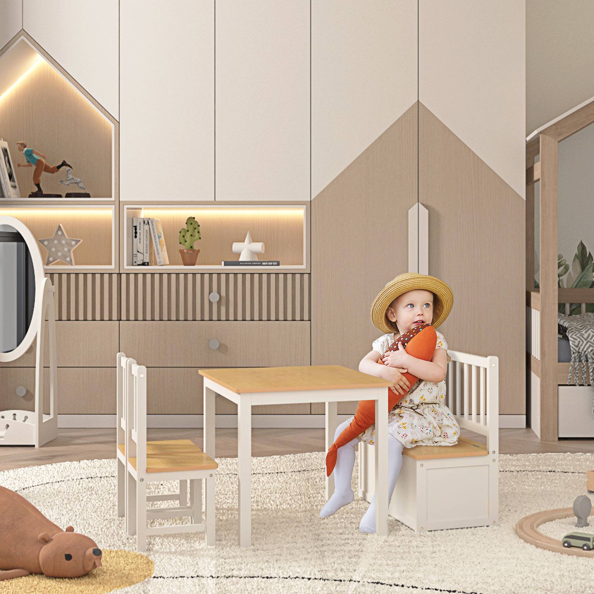 Ensemble 4 pièces table enfant 2 chaises et banc rangement, mobilier activités +3 ans chambre salle de jeu, blanc et naturel - Image 3