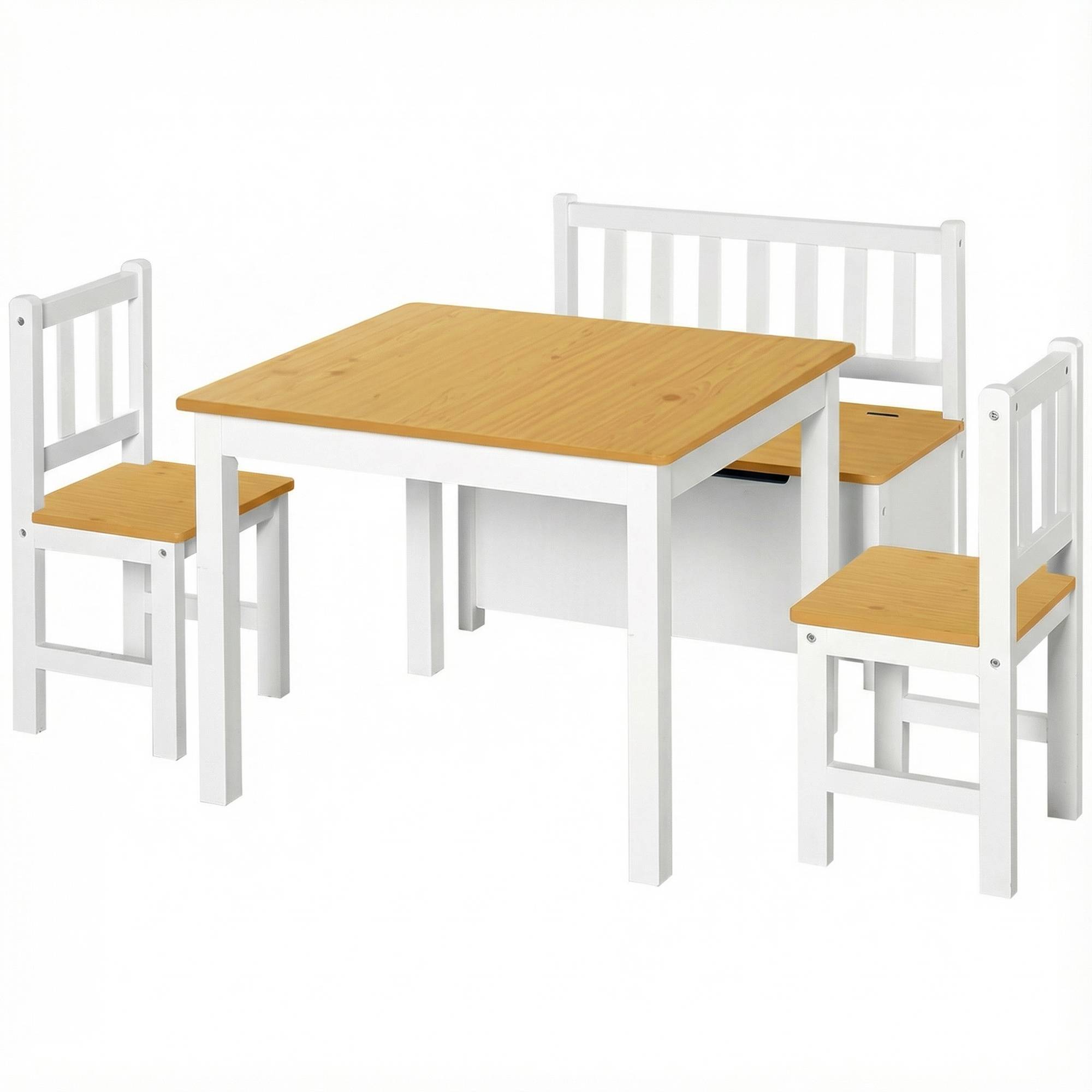 Ensemble 4 pièces table enfant 2 chaises et banc rangement, mobilier activités +3 ans chambre salle de jeu, blanc et naturel - Image 1