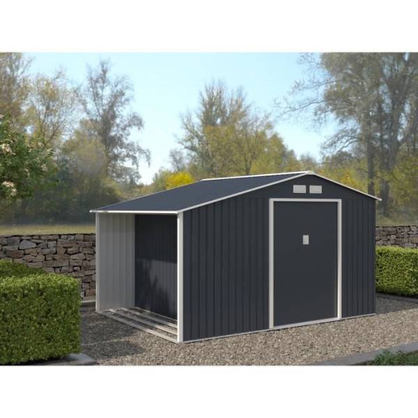 Sans Marque - Abri de jardin en métal et abri bûches 8,72 m² - 342 x 255 x 202 - NOVA - Kit d'ancrage inclus, 2 portes coulissantes - Gris - Image 2