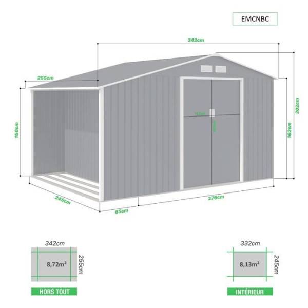 Sans Marque - Abri de jardin en métal et abri bûches 8,72 m² - 342 x 255 x 202 - NOVA - Kit d'ancrage inclus, 2 portes coulissantes - Gris - Image 4