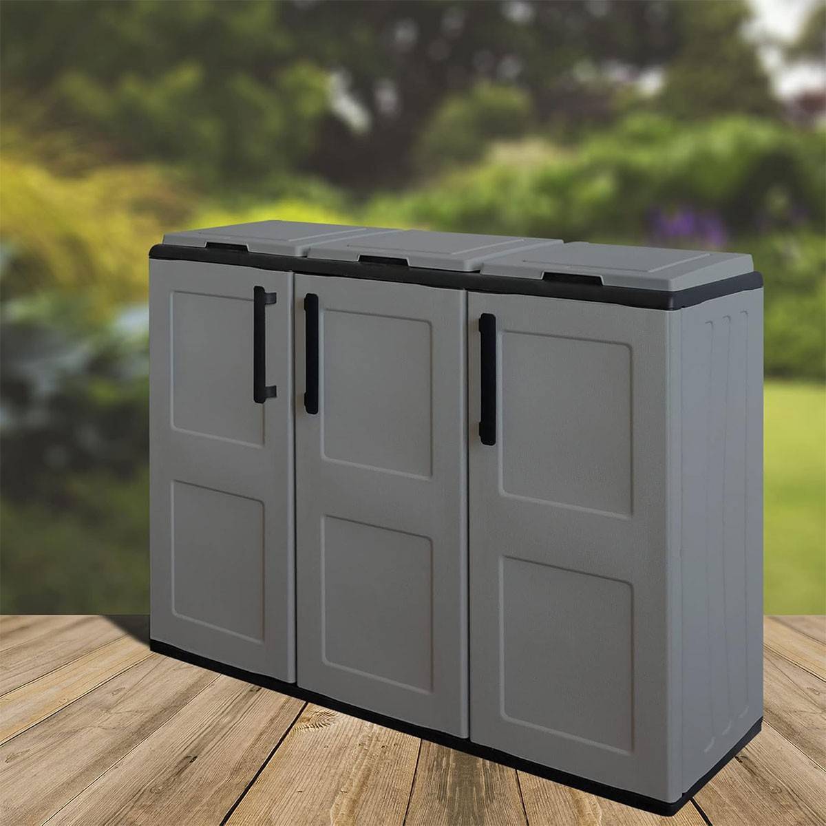 Armoire de tri Selectif 3 Sacs Gris - Meuble de Recyclage Int / Ext - Dimensions 102 x 37 x 84 cm - INTEC - Image 3