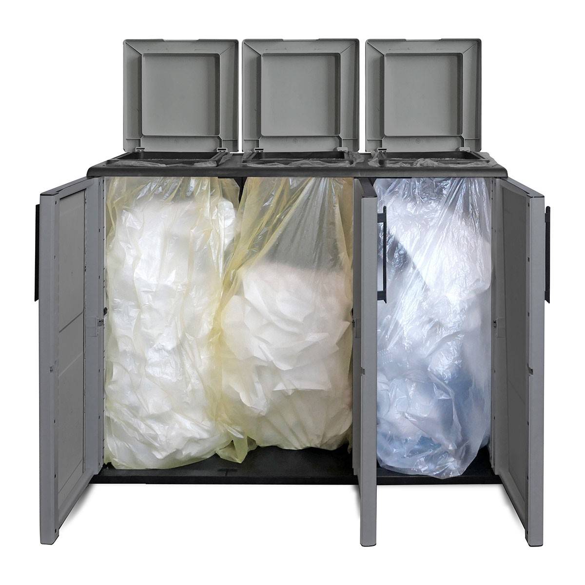 Armoire de tri Selectif 3 Sacs Gris - Meuble de Recyclage Int / Ext - Dimensions 102 x 37 x 84 cm - INTEC - Image 2