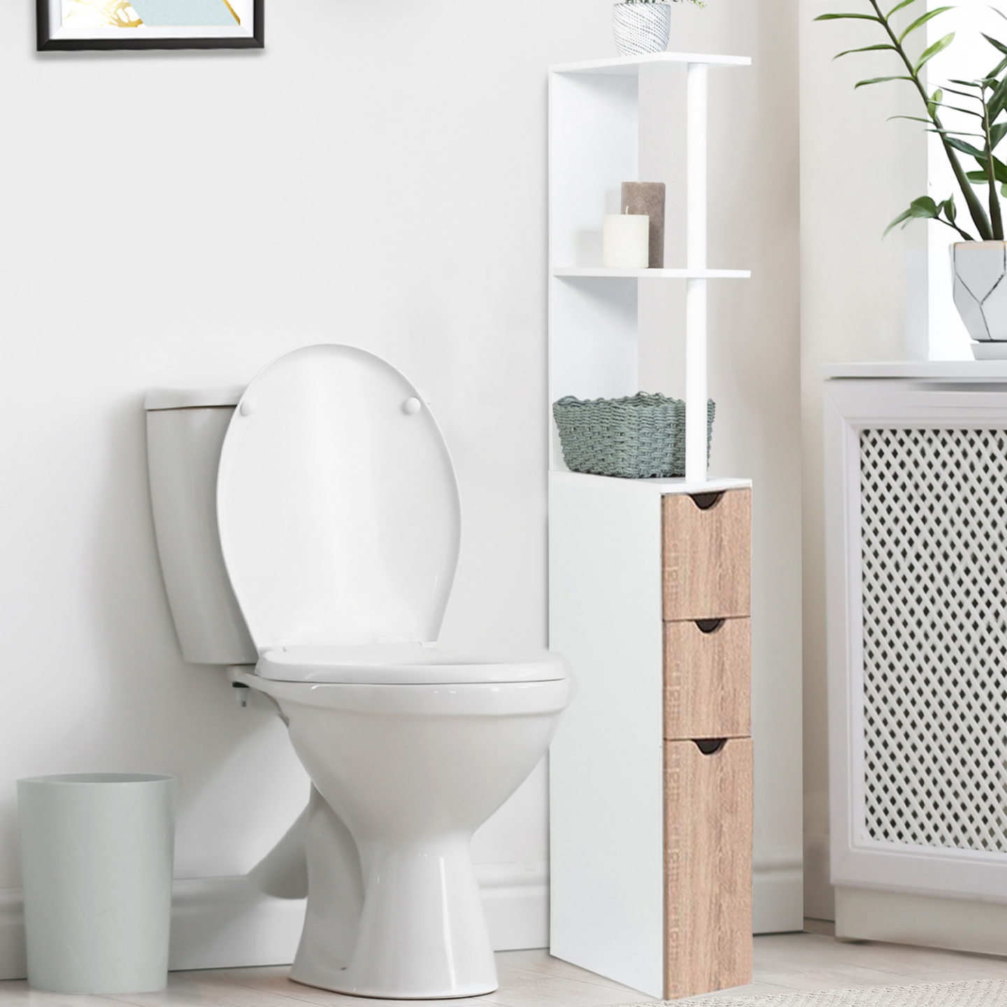Meuble WC étagère WILLY bois 3 portes blanc et hêtre - Image 1
