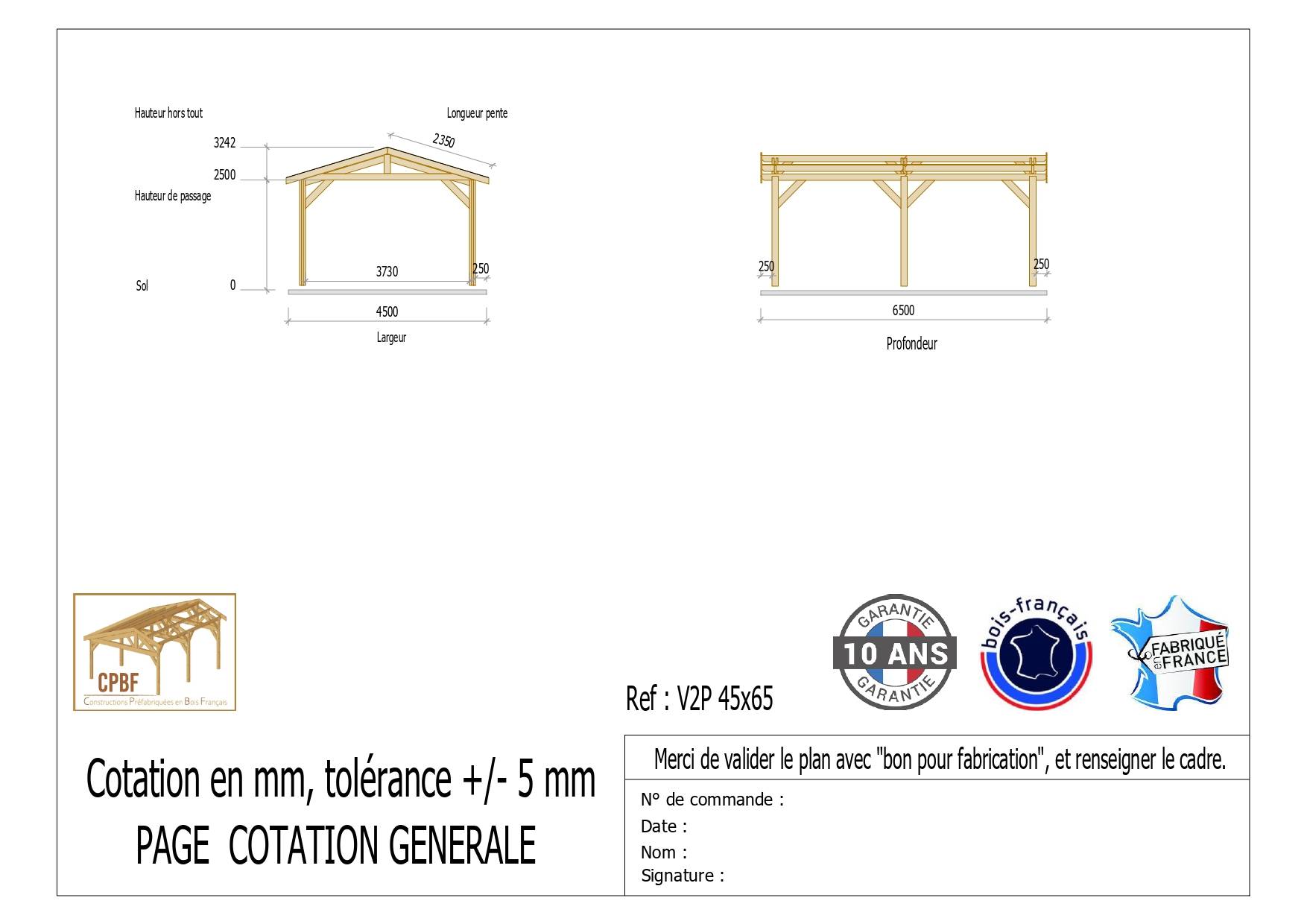 Cpbf Charpentes - Carport  Deux Pentes 450cmx650cm, Bois DOUGLAS Français  (Charpente en bois-auvent-abri voiture),  29.25 m². Garantie 10 ans - Image 2