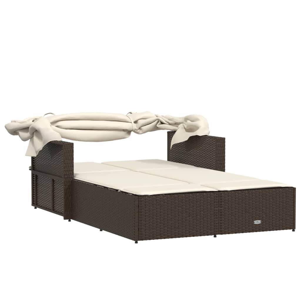 Chaise longue double avec auvent rétractable et coussins marron en poly rotin 110 x 180/201 x 149 cm - PANGIVO - Image 7