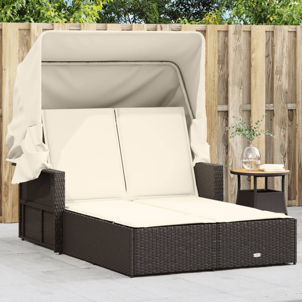 Chaise longue double avec auvent rétractable et coussins marron en poly rotin 110 x 180/201 x 149 cm - PANGIVO - Image 1