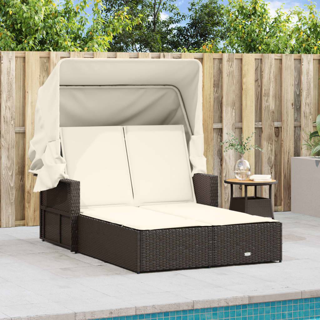 Chaise longue double avec auvent rétractable et coussins marron en poly rotin 110 x 180/201 x 149 cm - PANGIVO - Image 3