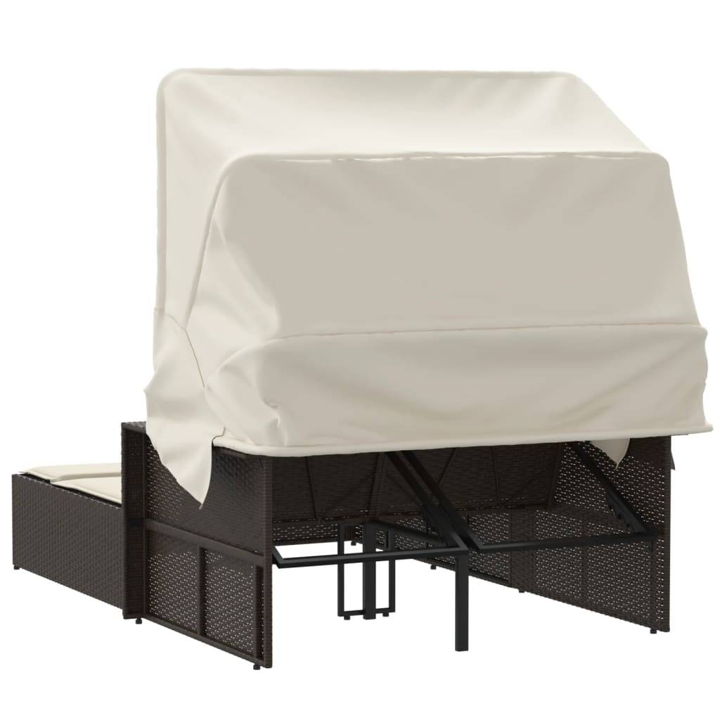 Chaise longue double avec auvent rétractable et coussins marron en poly rotin 110 x 180/201 x 149 cm - PANGIVO - Image 6