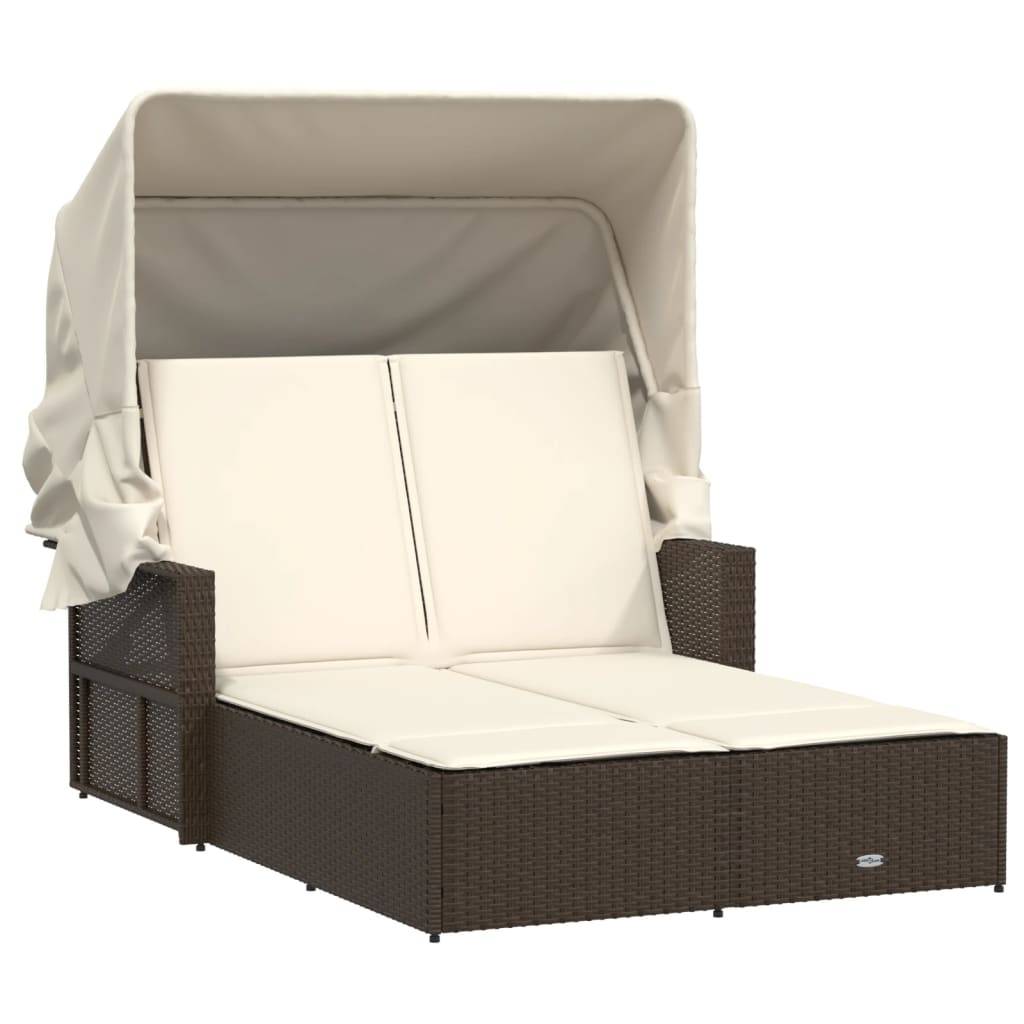 Chaise longue double avec auvent rétractable et coussins marron en poly rotin 110 x 180/201 x 149 cm - PANGIVO - Image 2