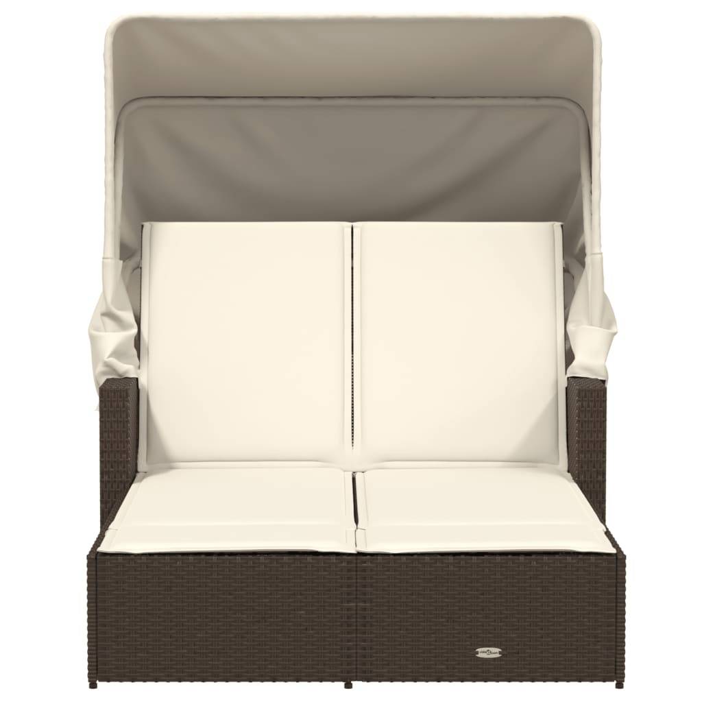 Chaise longue double avec auvent rétractable et coussins marron en poly rotin 110 x 180/201 x 149 cm - PANGIVO - Image 4