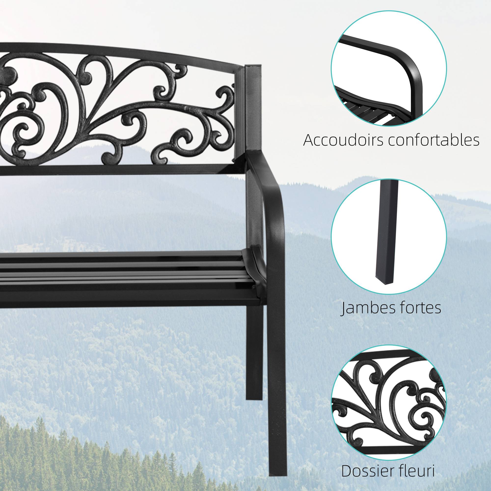 ComfortXL - Banc de Jardin Acier Fonte Extérieur Lignes Épurées 127x60x87cm Noir - ComfortXL Outdoor Living - Image 7