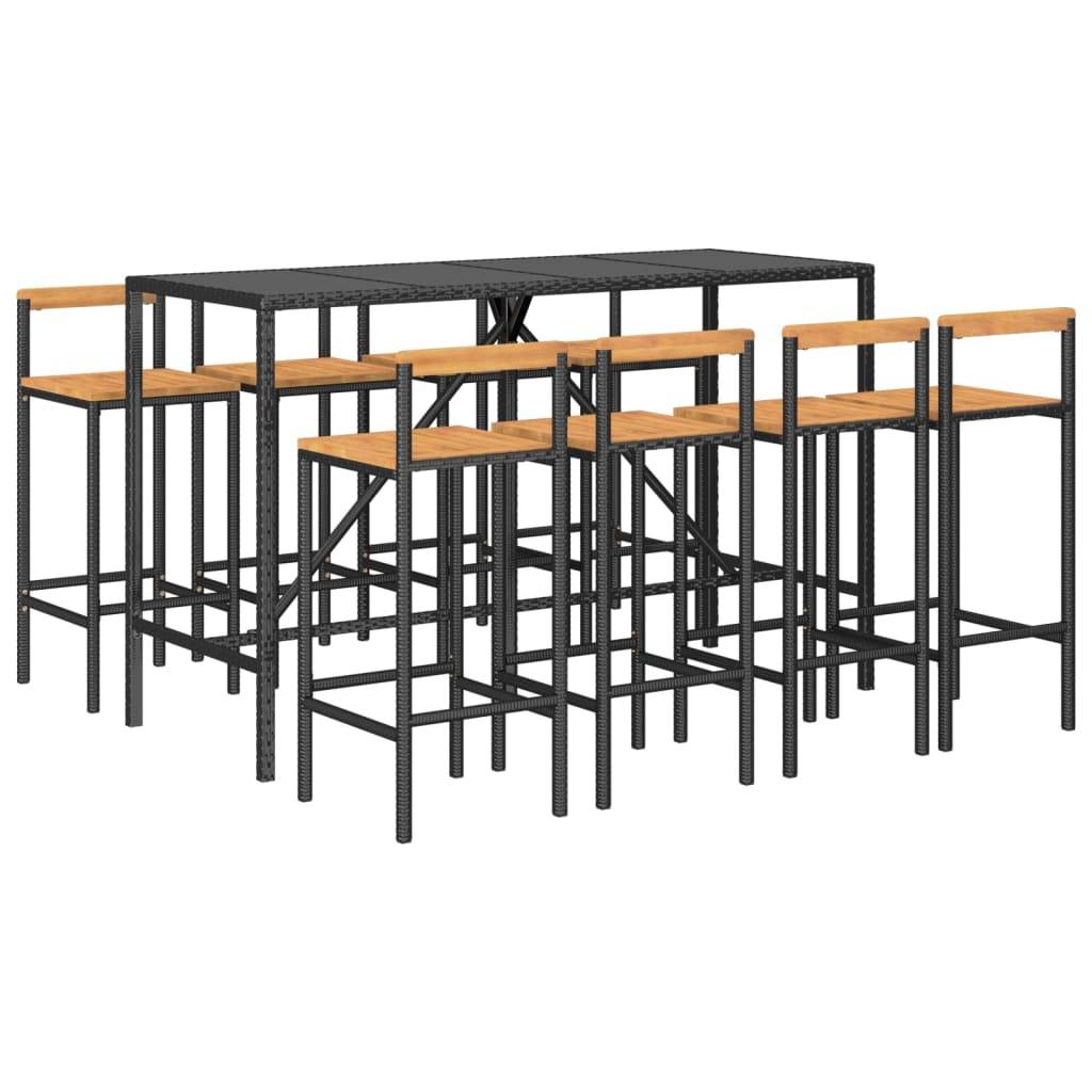 Helloshop26 - Ensemble de bar de jardin meuble extérieur terrasse 9 pièces noir poly rotin/bois massif acacia - Image 1