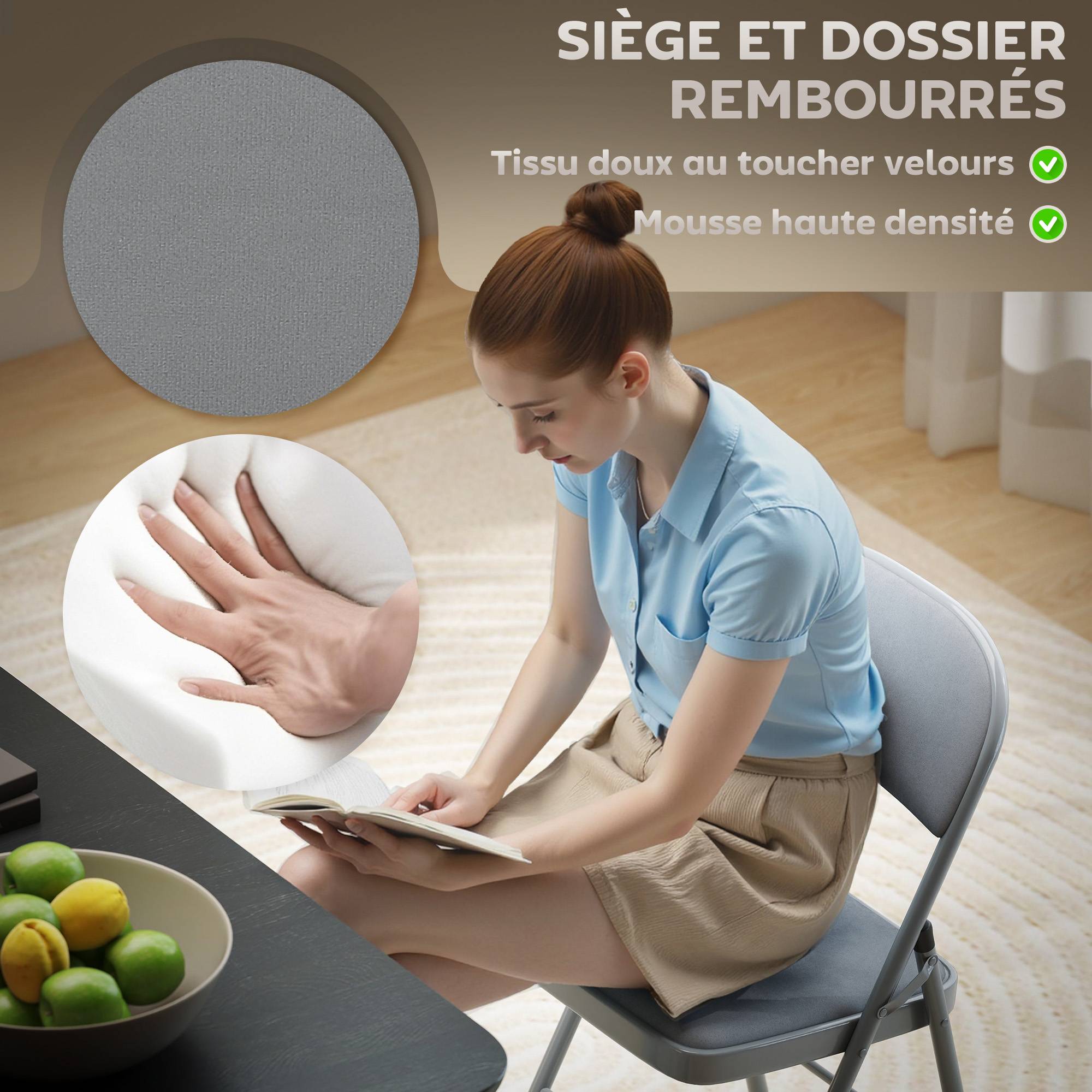 Lot de 4 chaises pliantes et portables intérieur avec assises et dossiers rembourrés en velours, cadre en acier, gris clair - Image 7