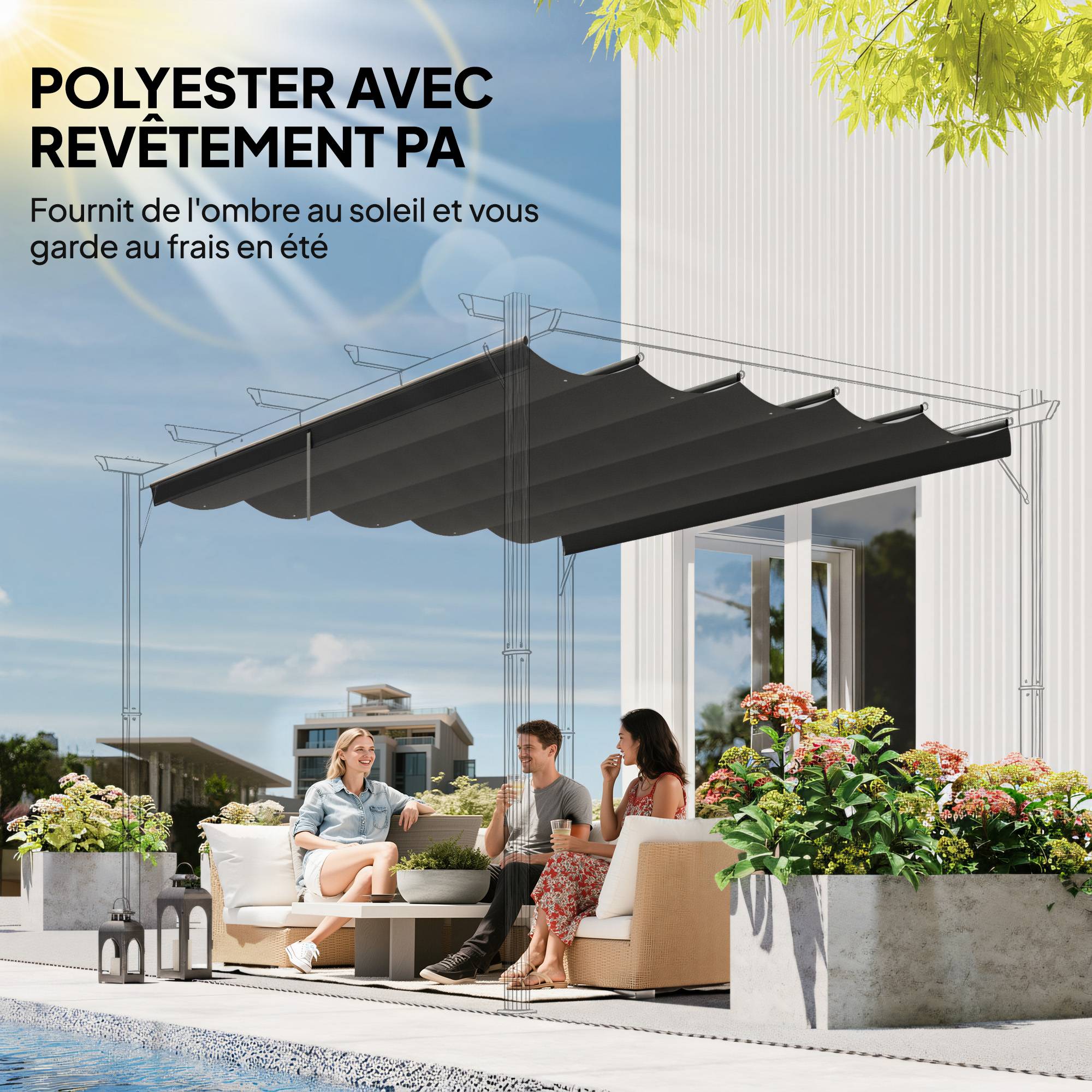 Sans Marque - Toile de toit pour pergola tonnelle rétractable de 4 x 3 m - toile uniquement 350 x 260 cm gris foncé - Image 7